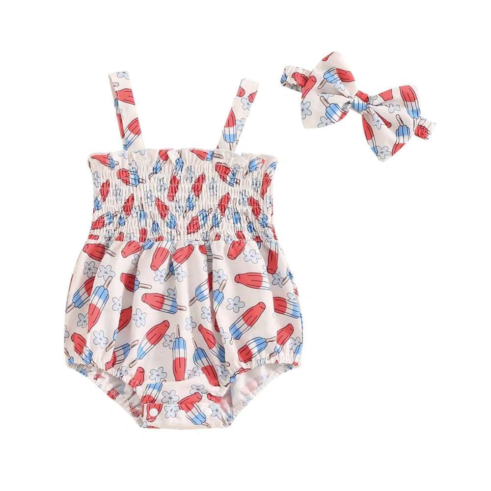 Baby Girl 4th of July Outfit Popsicle Floral Print Romper and Headband