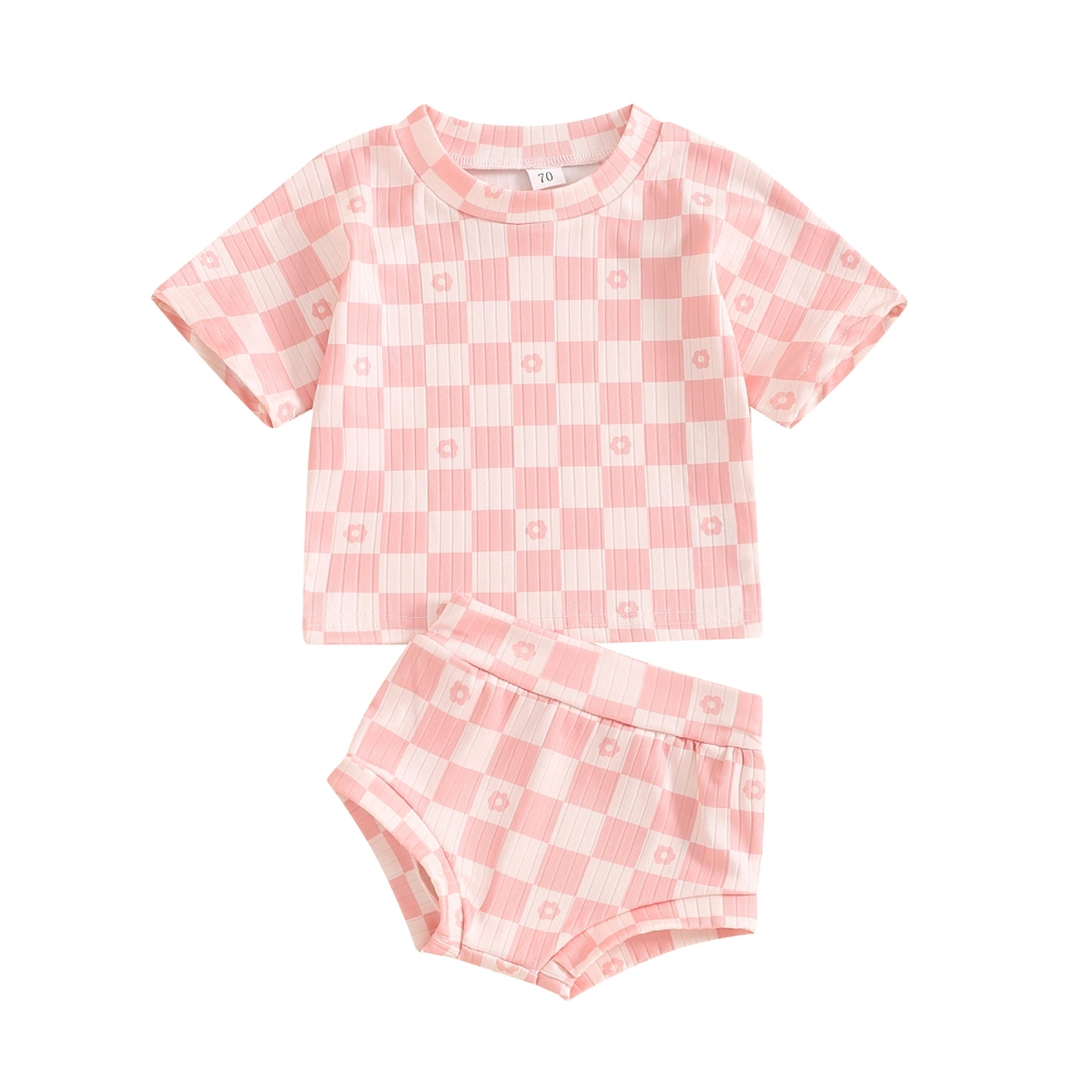 Girls Shorts Sets Short Sleeve Checkerboard Print Tops PP Shorts Sets