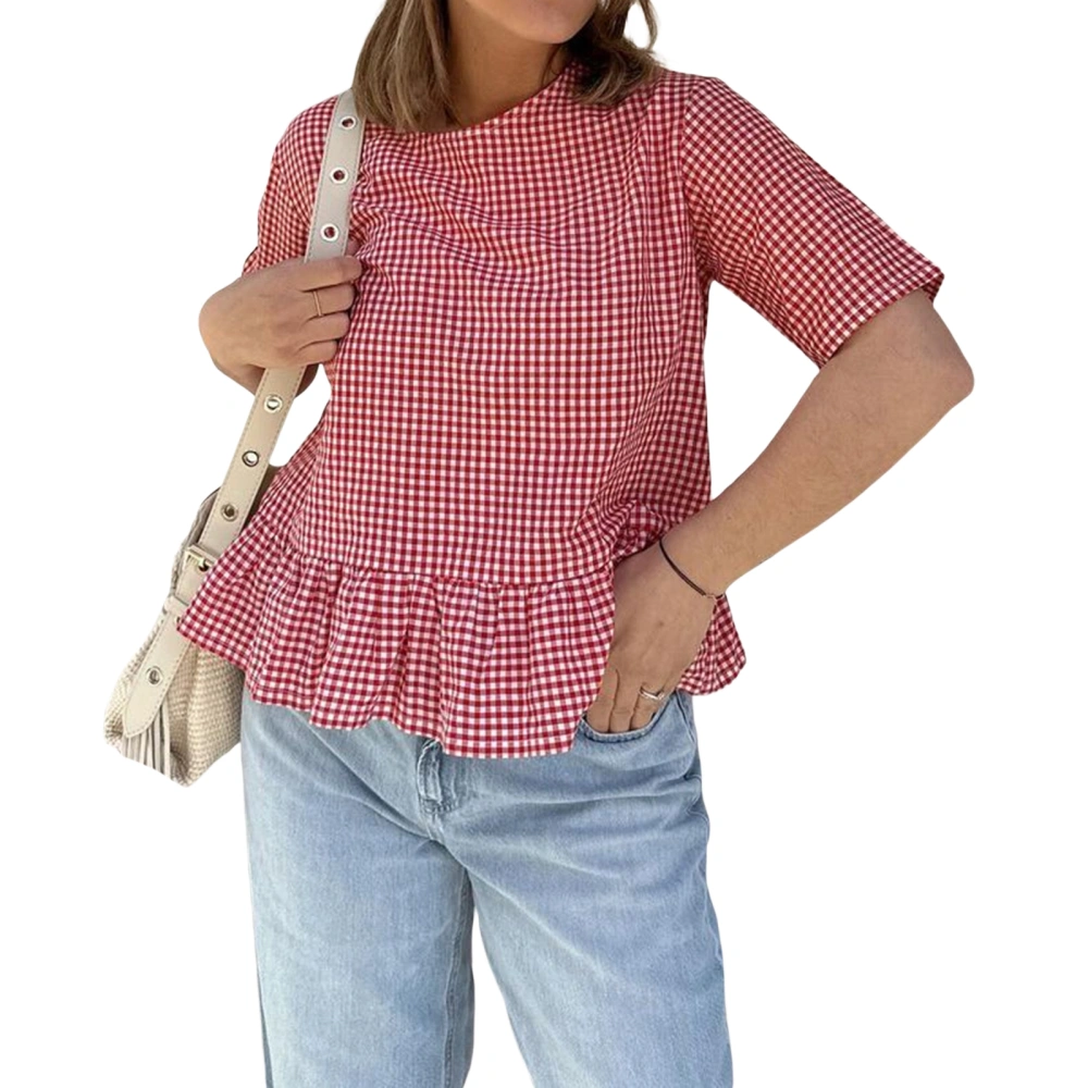 Women Plaid Shirt Round Neck Short Sleeve Tie-Up Ruffled Tops