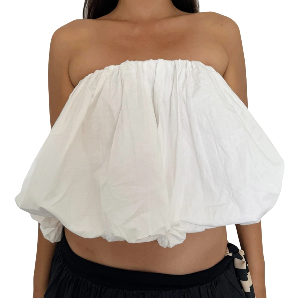 Women's Bubble Tube Tops Solid Bandeau Puffball Cropped Tank Tops