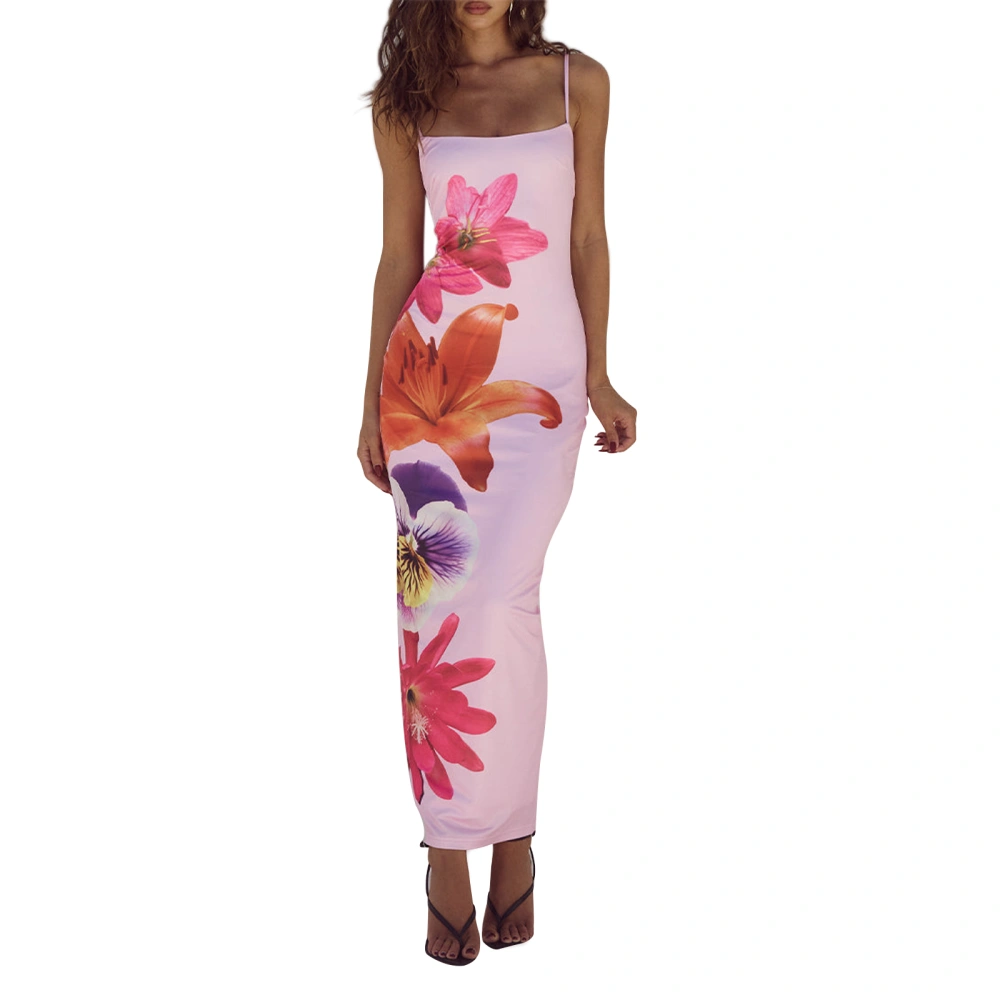 Women Sleeveless Dress Summer Floral Print Split Bodycon Party Dress