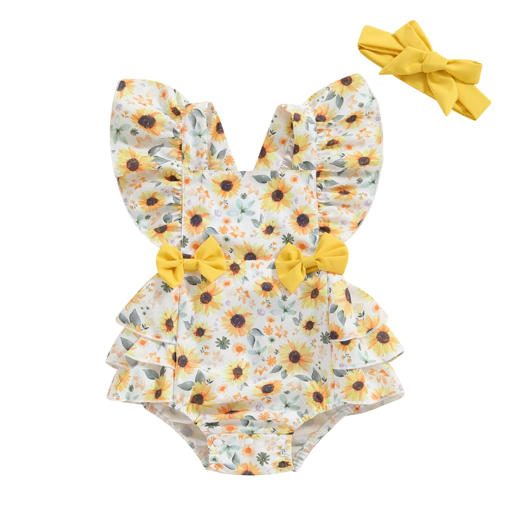 Baby Girls Rompers Daisy Print Bowknot Bodysuits with Headband