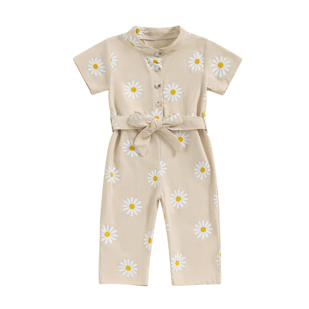 Kids Girls Summer Jumpsuit Daisy Print Button Short Sleeve Romper Belt