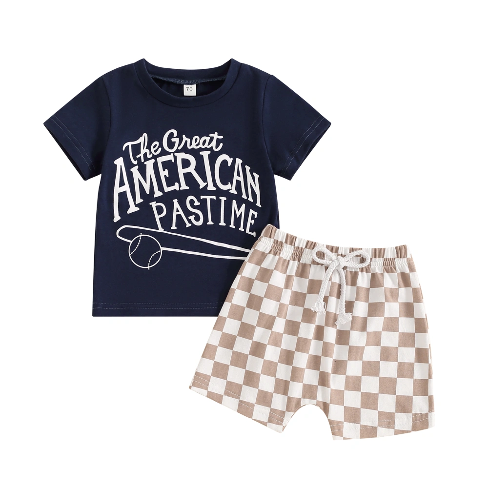 Boys Shorts Set, Short Sleeve Letters Print T-shirt with Plaid Shorts