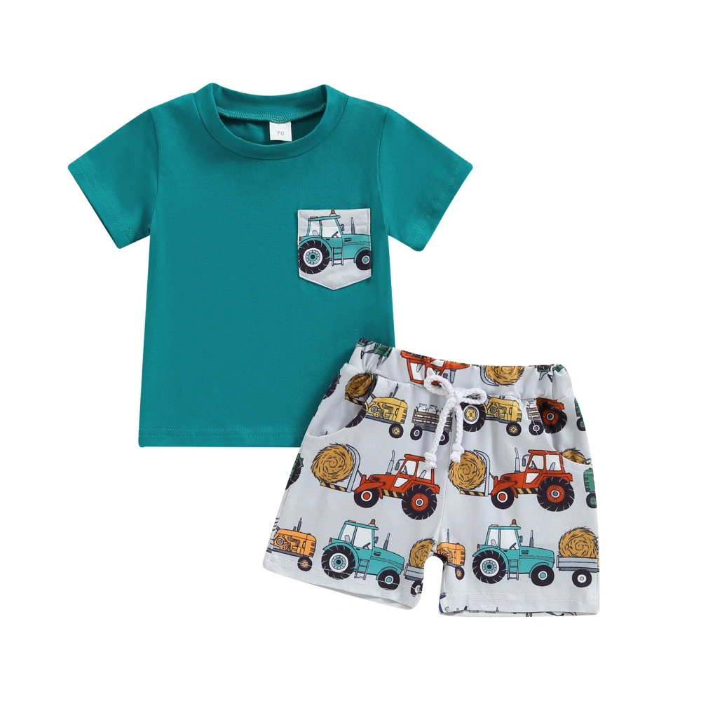 Baby Boy Outfit, Tractor Print Short Sleeve Tops Elastic Waist Shorts 