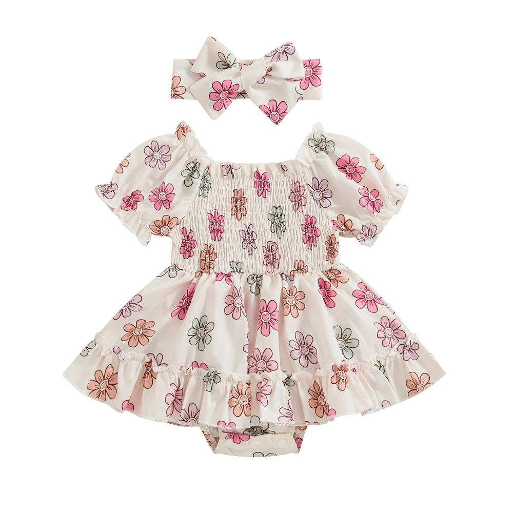 Baby Girls Rompers Dress Baseball/Floral Print Clothes with Headband