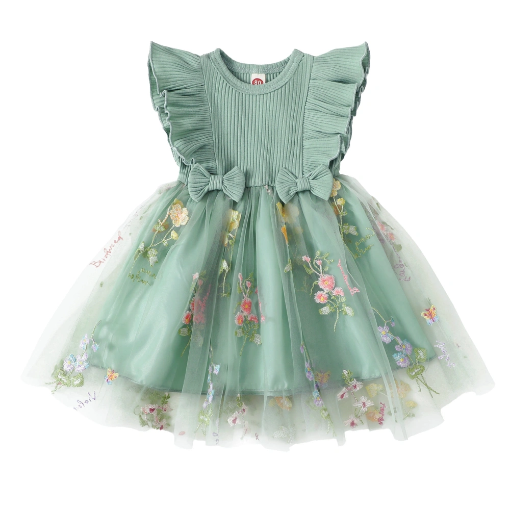 Toddler Girls Dress Flower Embroidery Bowknot Round Neck Dress