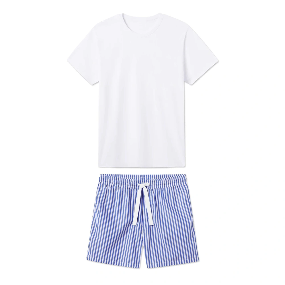 Men's Casual Outfit, Short Sleeve T-Shirt Striped Drawstring Shorts 