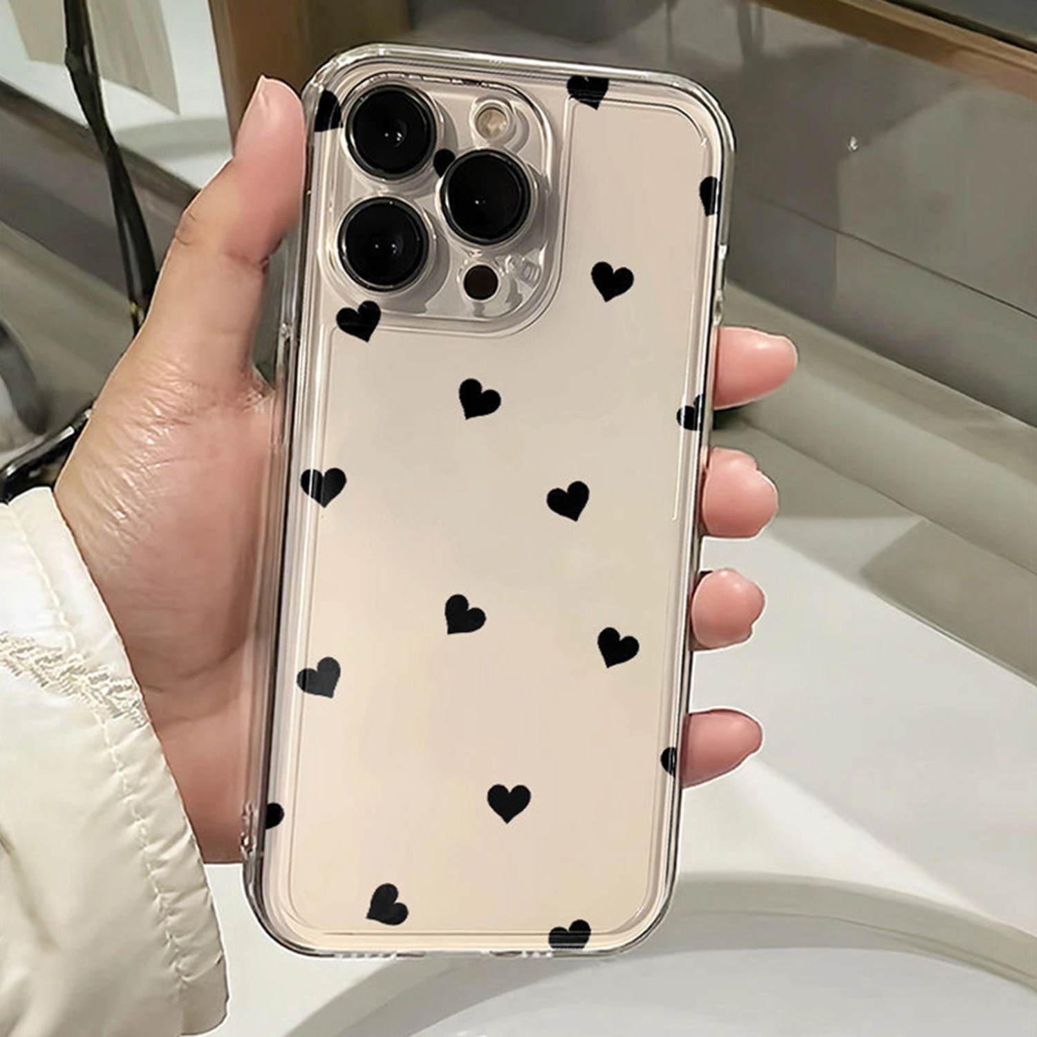 Transparent Phone Case Heart Print Protective Phone Cover for iPhone 