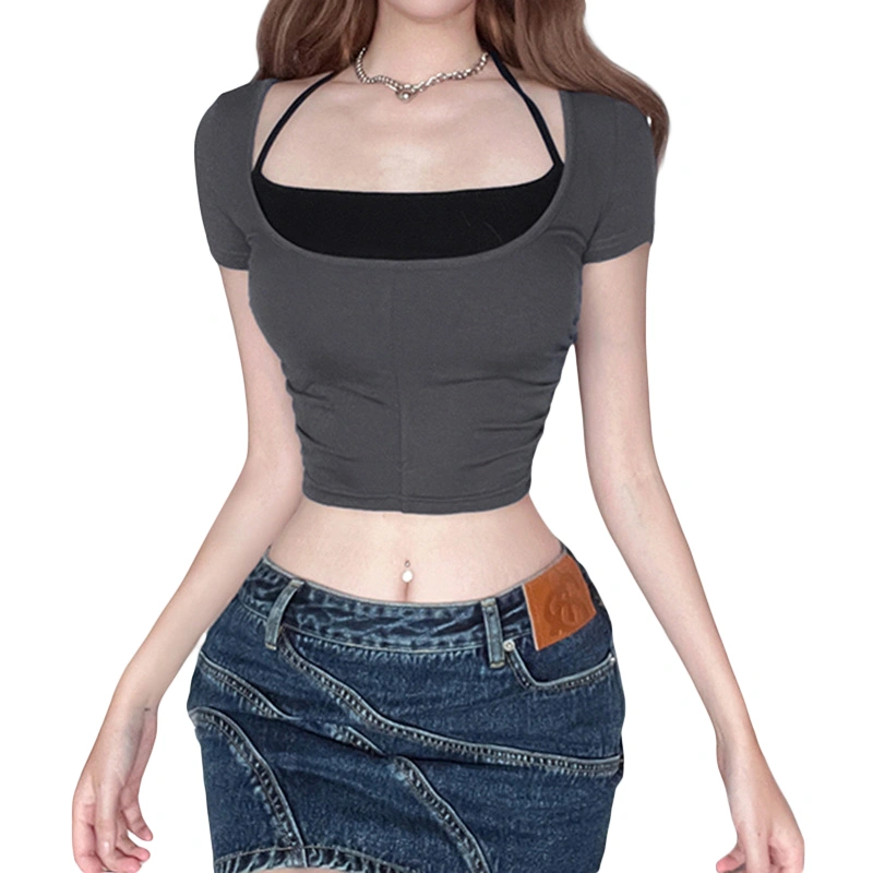 Women's Patchwork Crop Tops Short Sleeve Halter Neck T-Shirts