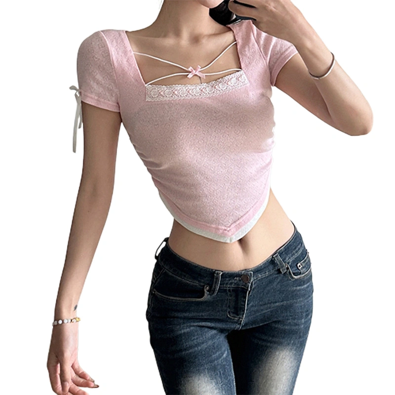 Women T-shirt, Short Sleeve Bows Patchwork Ladies Summer Crop Top