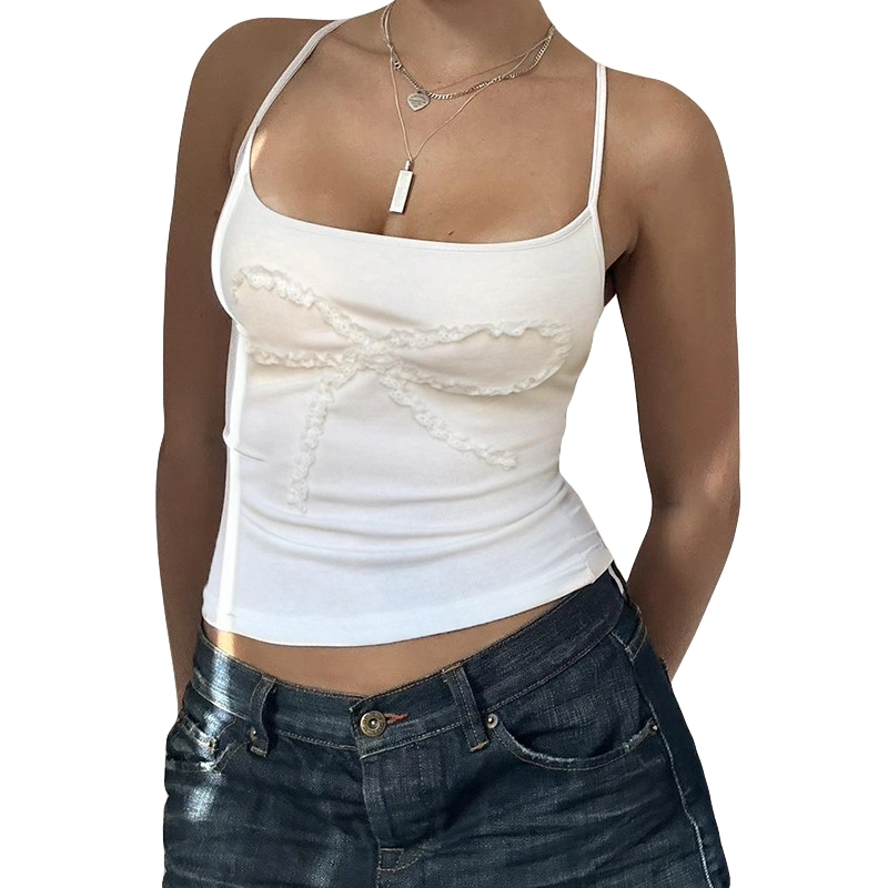 Women Crop Camisole Summer Bow Lace Ruffle Spaghetti Strap Tank Tops