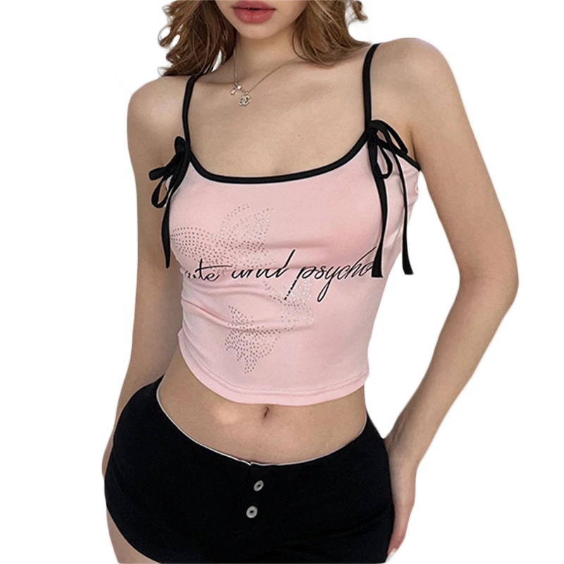 Women Tank Tops Sleeveless Low Cut Rhinestone Butterfly Camisole