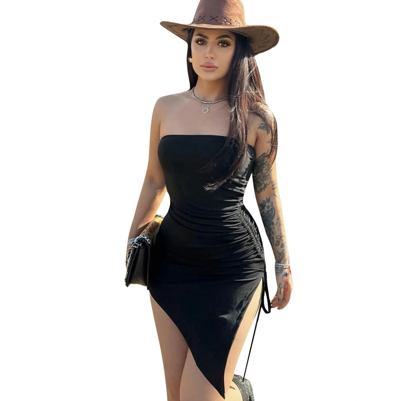 Women Bodycon Dress, Strapless Drawstring Slit Irregular Mini Dress