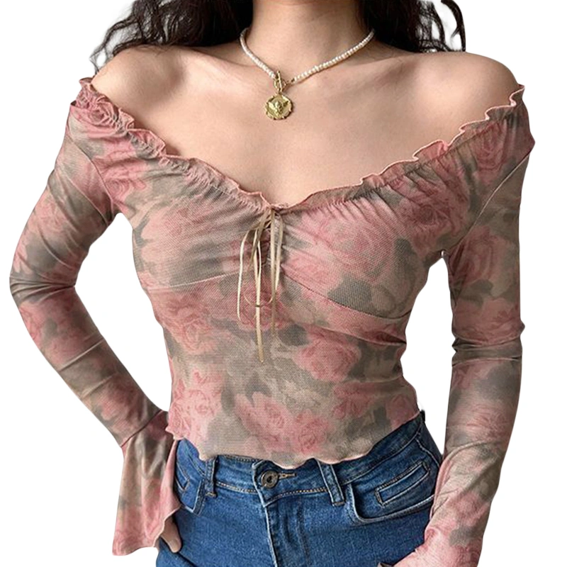 Women T-shirt, Long Sleeve V Neck Flower Print Mesh Crop Top