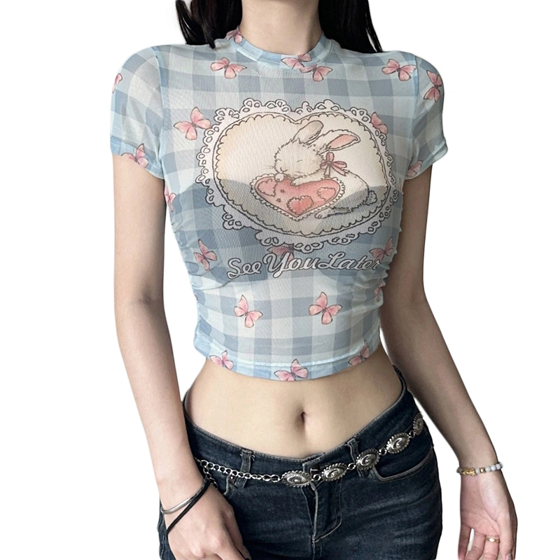 Women's Plaid Crop T-Shirt Slim Butterfly Print Short Sleeve Tops 