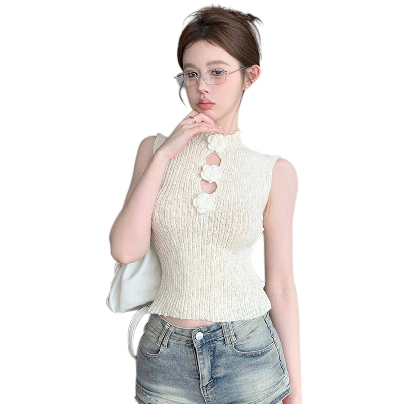 Women's Sweet Knit Tank Tops Solid 3D Flower Mock Neck Slim Vest