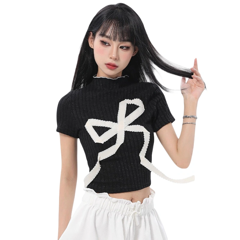 Women Crop Tops Short Sleeve High Neck Bow Ribbon Decor Short T-shirt