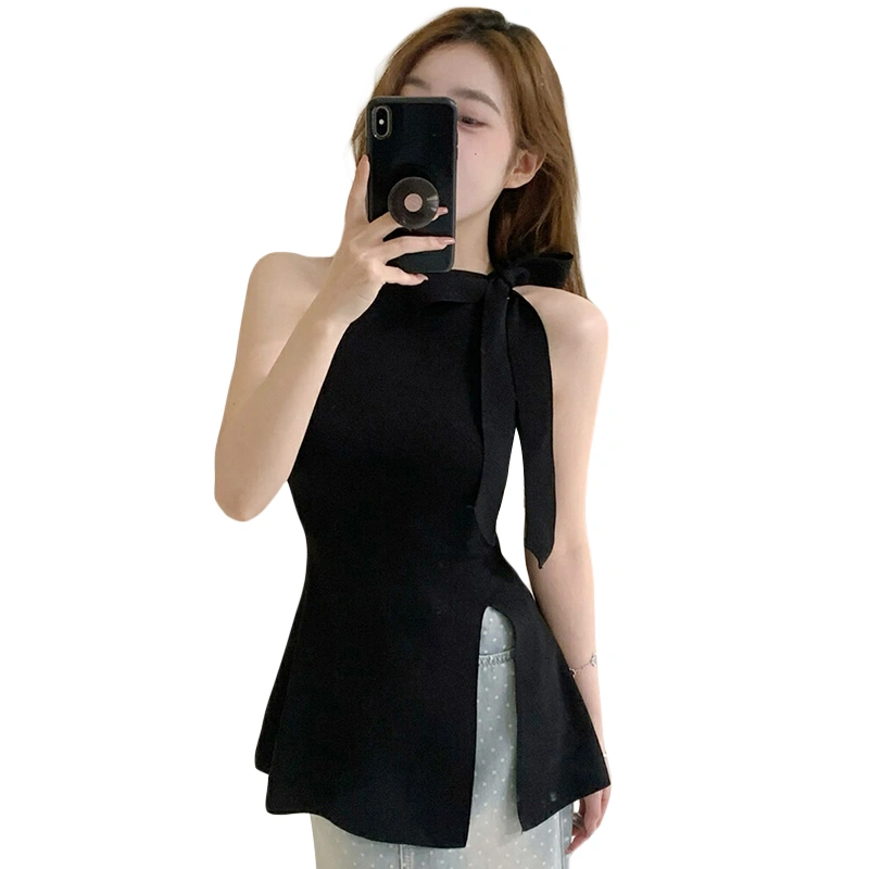 Women Knit Tank Top, Sleeveless Crew Neck Tie-up Slit Summer Vest