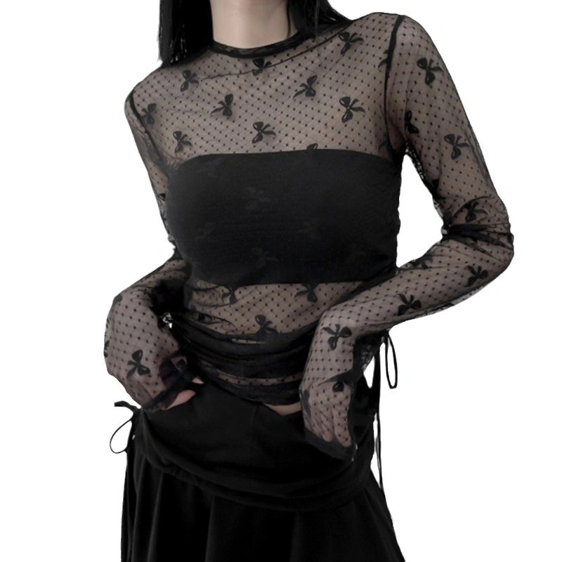 Women's Mesh Sheer Tops Bow Pattern Long Sleeve Slim T-Shirts