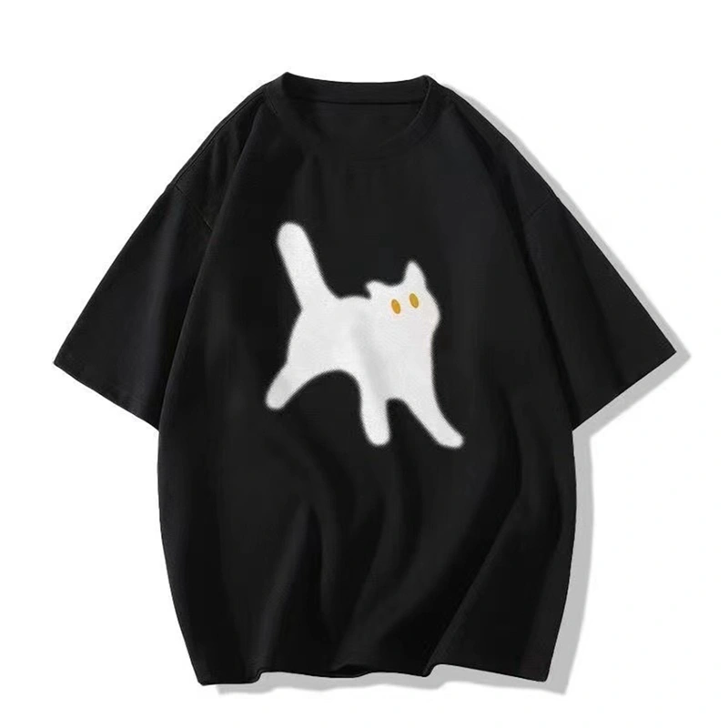 Women Basic T-Shirt Summer Retro Cat Print Loose Short Sleeve Tops