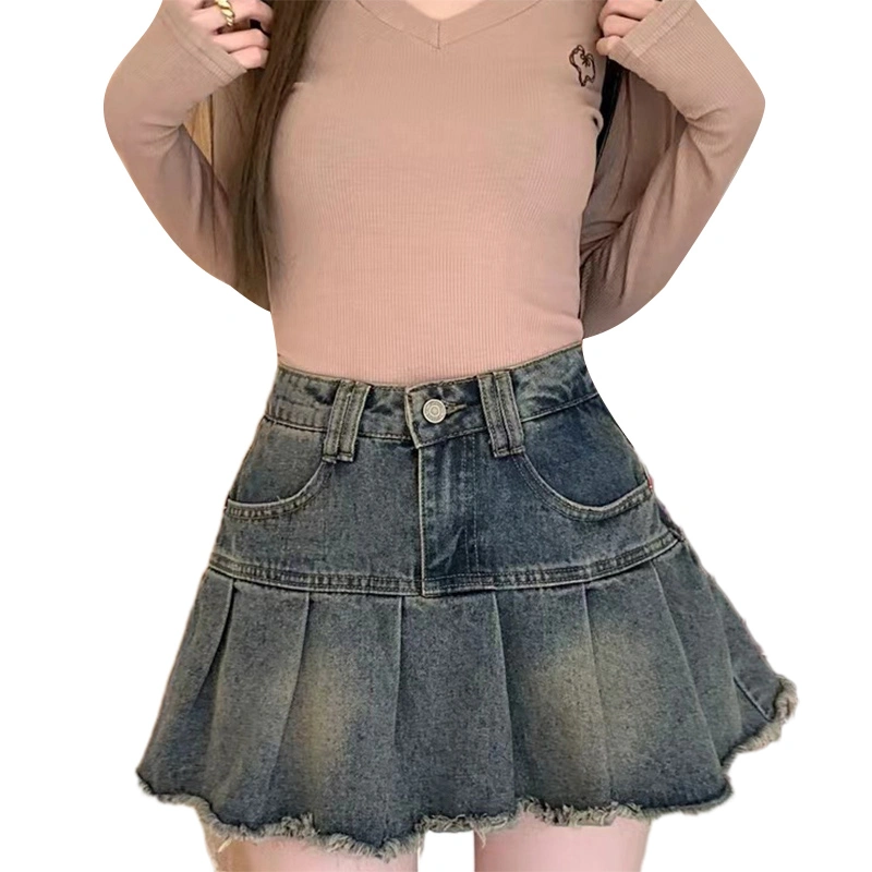 Women Retro Denim Skirts Raw Hem Jeans Skirts Summer A-line Skirts