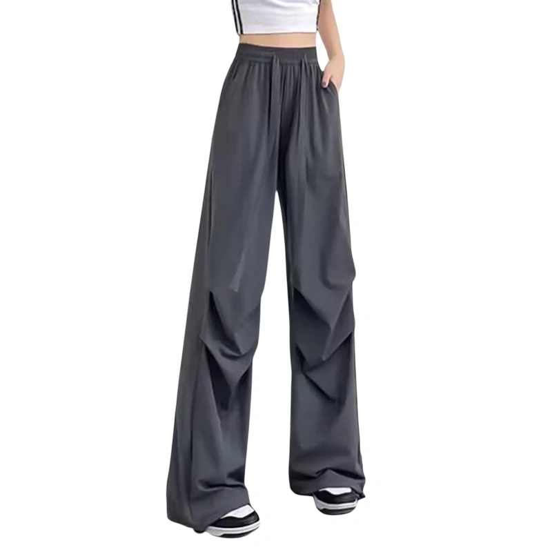 Women Cargo Pants Solid Color Drawstring Elastic Waist Loose Trousers