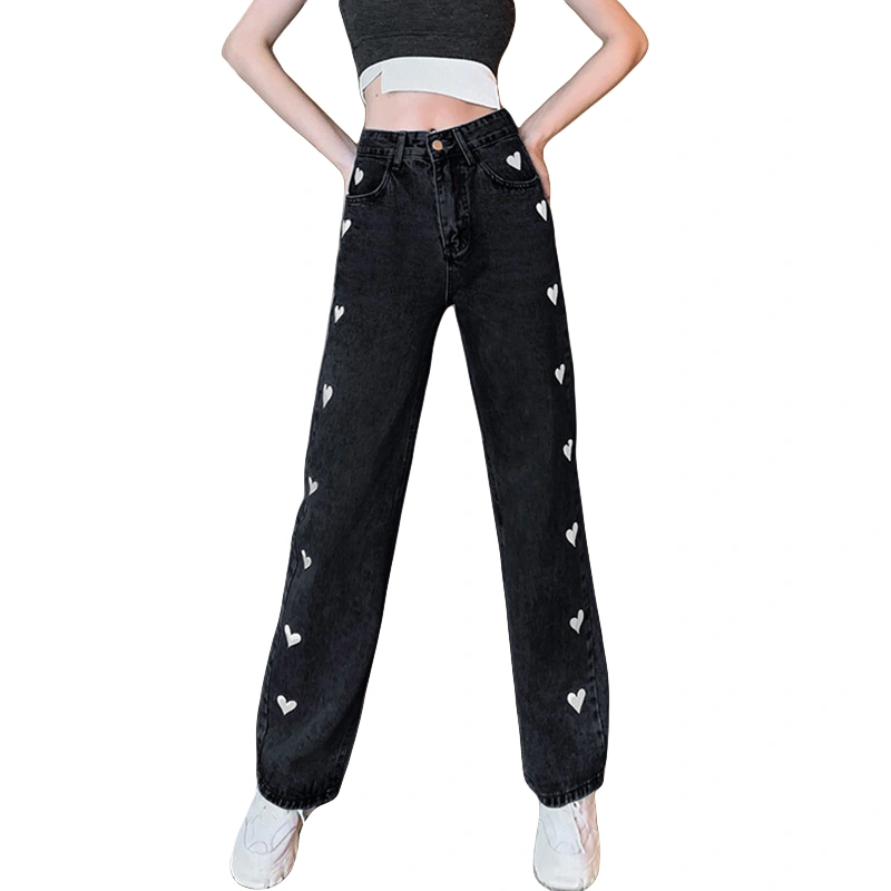 Women Fashion Wide-Leg Jeans Heart Pattern Loose Denim Pants