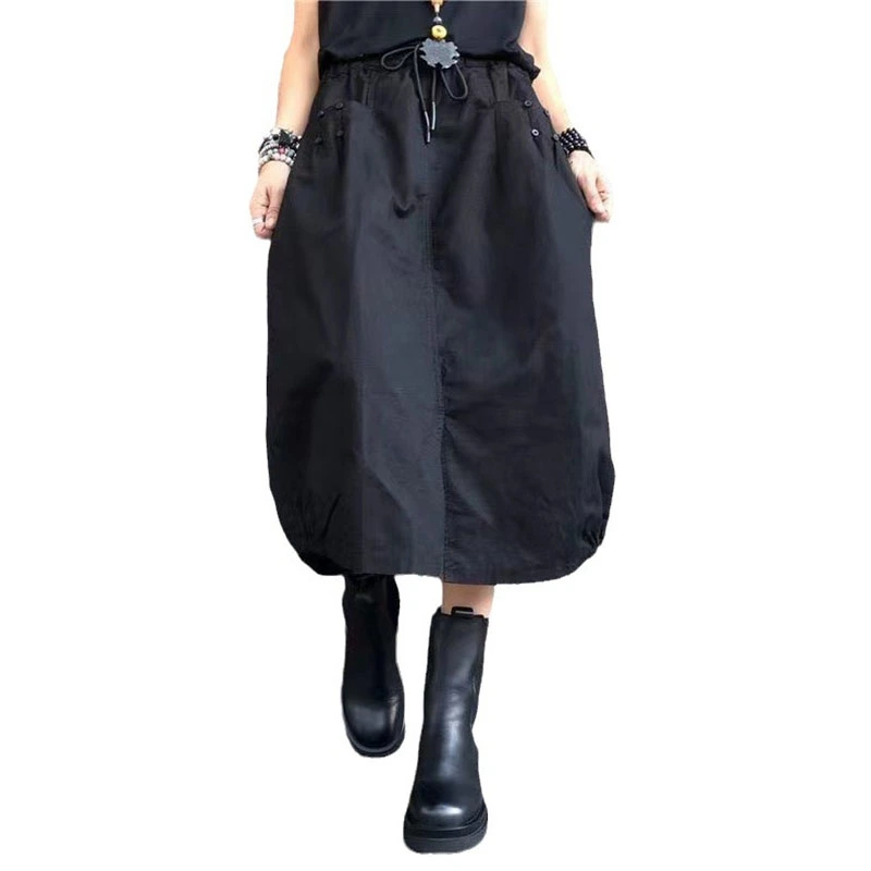 Women Summer Cargo Skirt Elastic Waist Split Midi Skirt with Pockets 