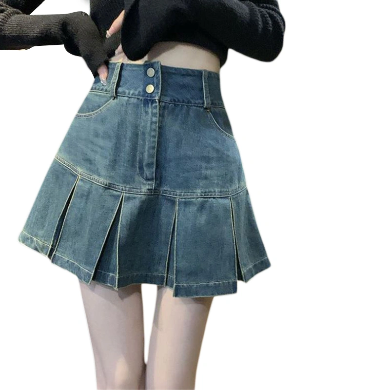 Women's Summer Mini Skirt High Waist Pleated A-line Denim Skirt