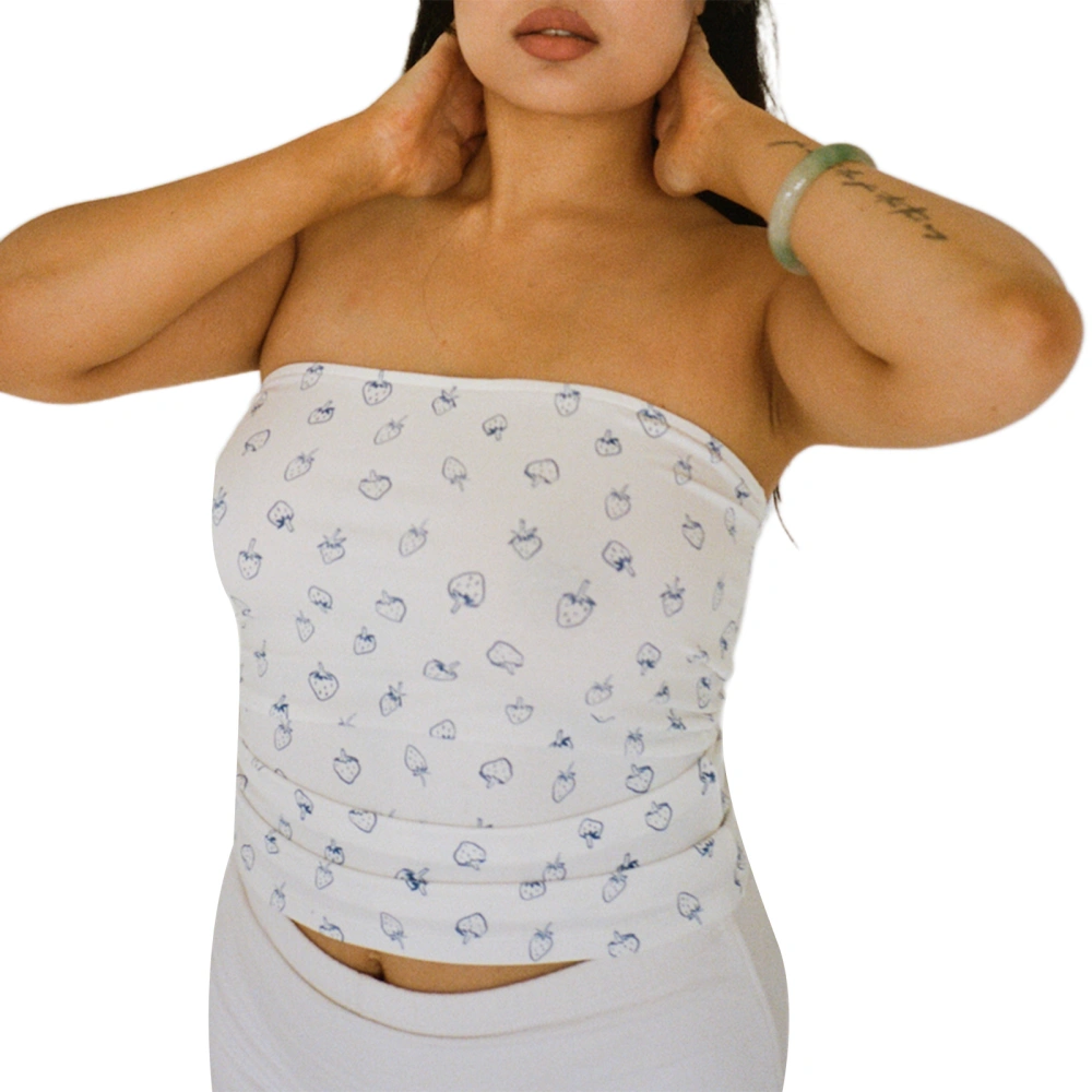 Women Tube Top, Strapless Backless Strawberry Print Summer Vest