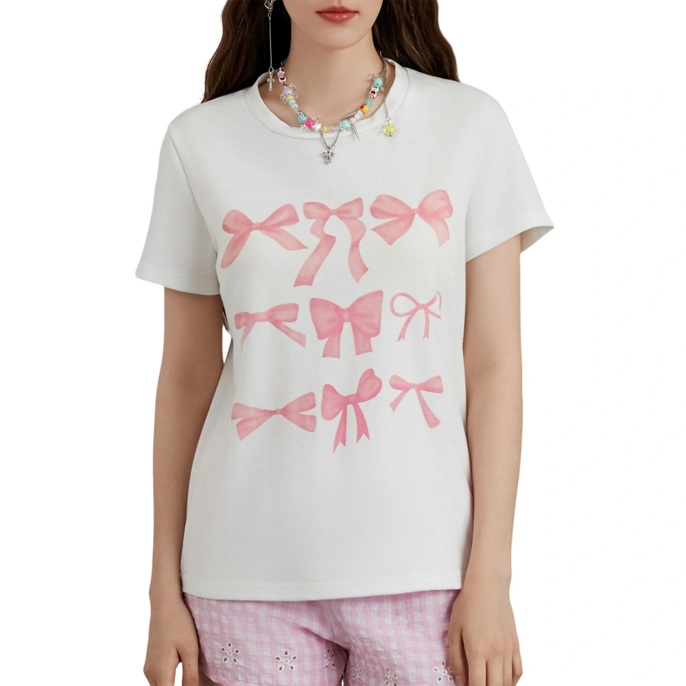 Women's Bow Printing T-Shirt Short Sleeve Round Neck Slim Fit Tops