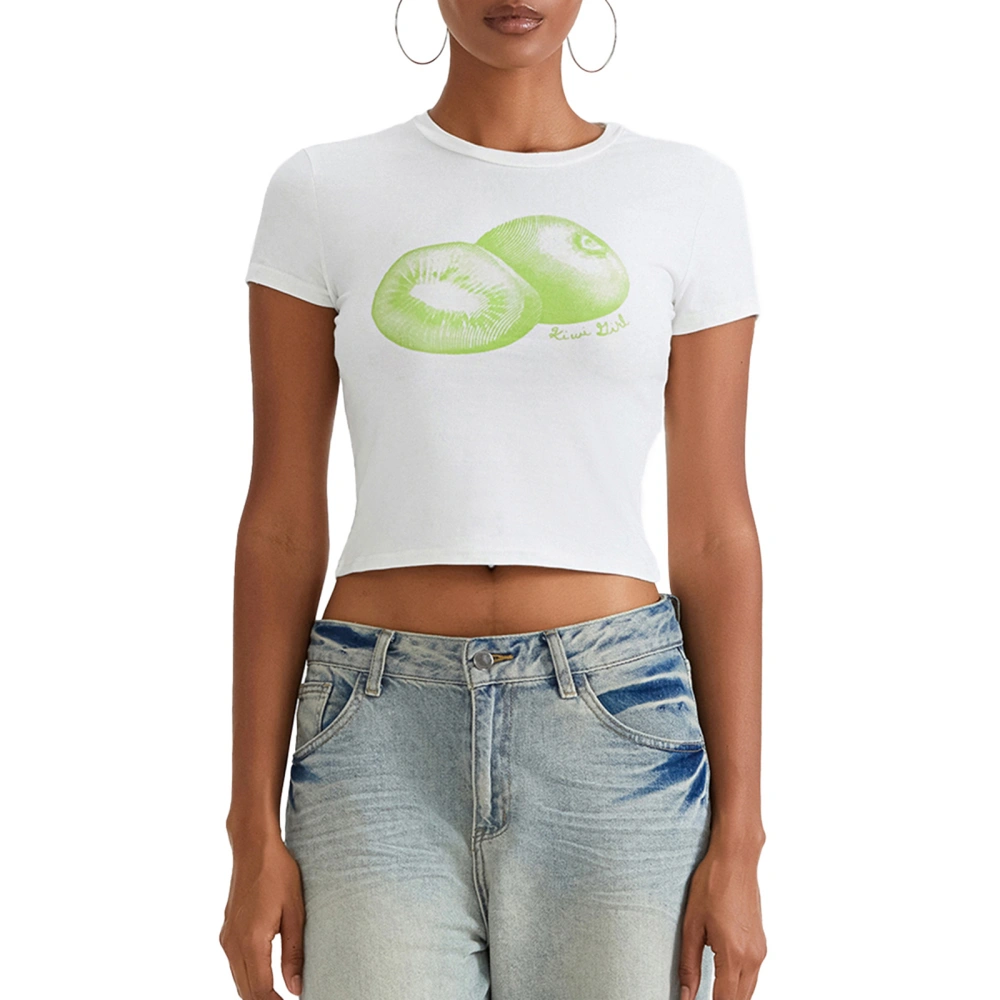 Women Crop Tops Blueberry/Kiwi Fruit Print Short Sleeve T-Shirts