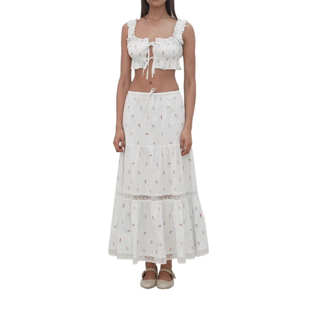 Women 2 Piece Summer Set, Tie-Up Crop Tank Tops Tiered Long Skirt