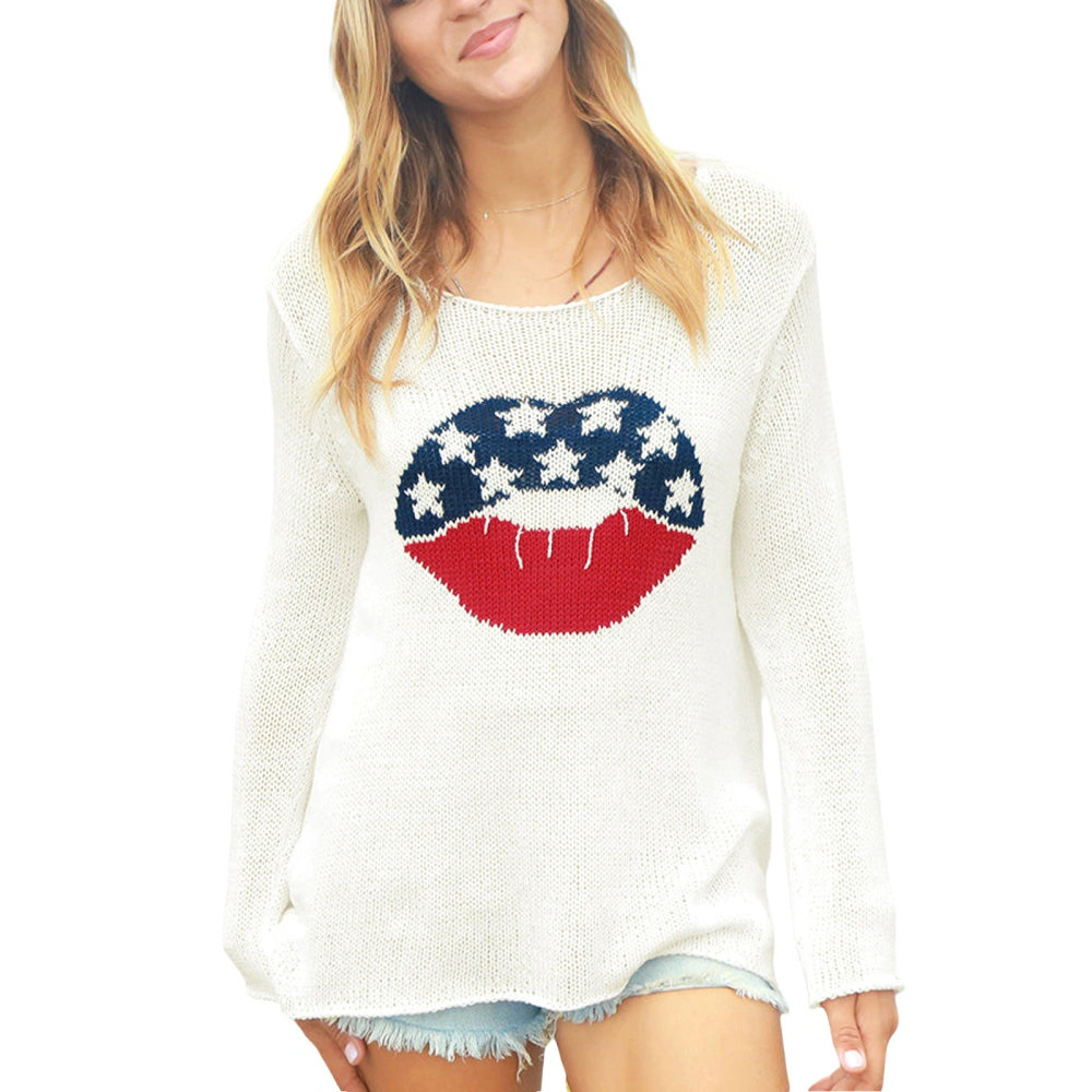 Women's 4th of July Sweater Loose Star Crew Neck Long Sleeve Tops