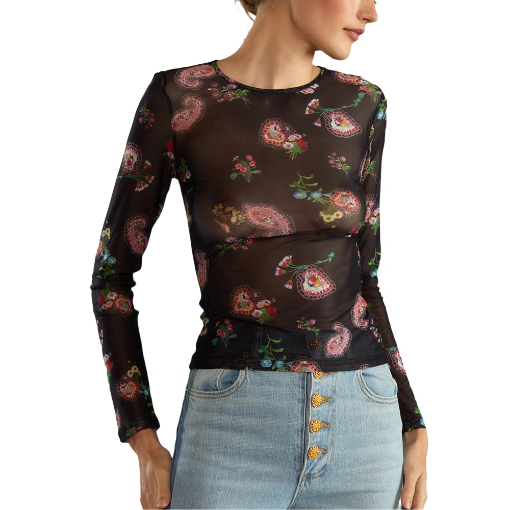 Women's Mesh Tops Long Sleeve Floral/Leopard Print Slim Fit T-Shirts