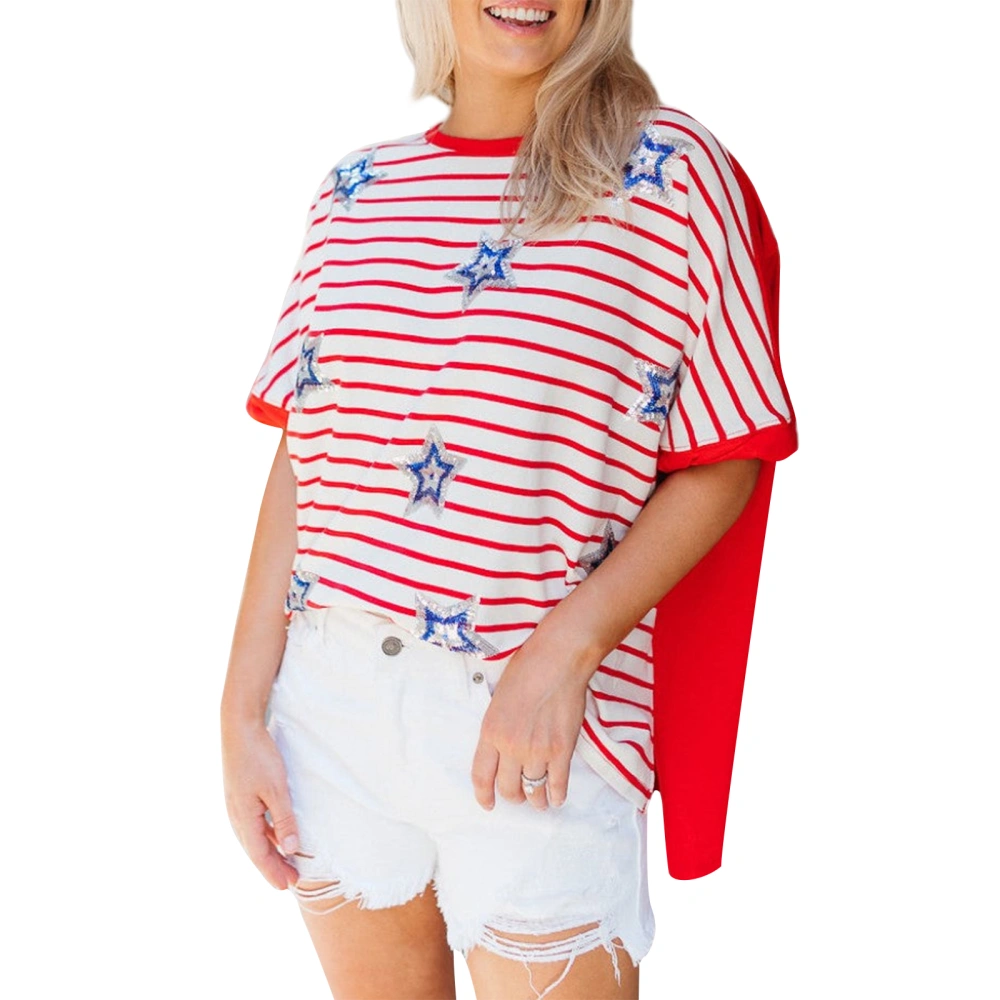 Women 4th of July Tops Striped Sequin Star Short Sleeve Split T-Shirt 