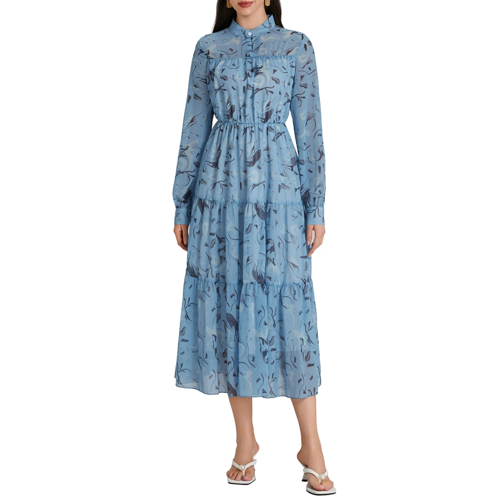 Women Midi Shirt Dress French Mock Neck Long Sleeve Tiered Swing Dress