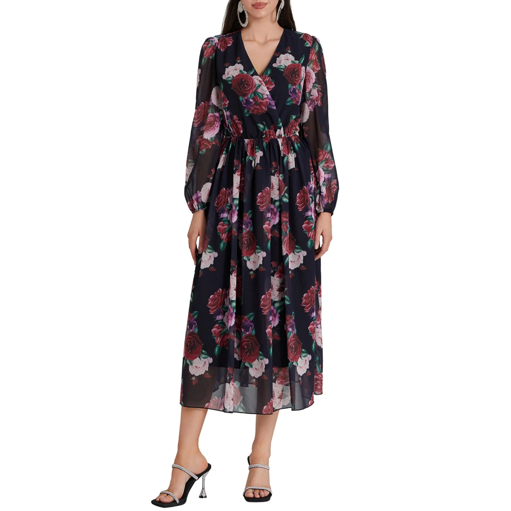 Women Long Dress Floral Print Tighten Waist Long Sleeve Flowy Dresses