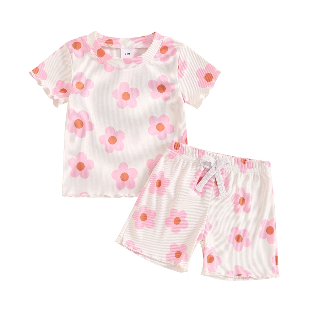 Toddler Girls Summer Outfit Floral Print T-Shirt and Elastic Shorts