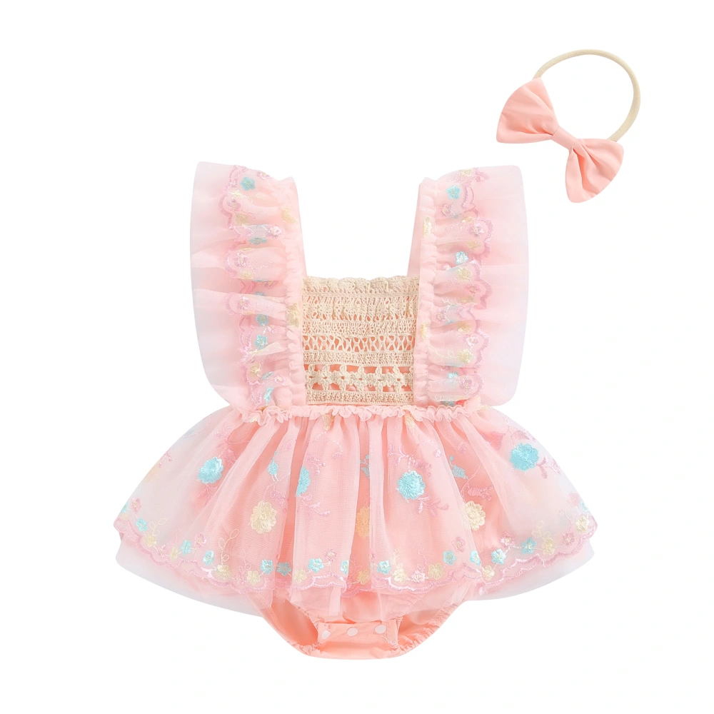 Baby Girl Set Flower Embroidery Fly Sleeve Mesh Romper Dress Headband 