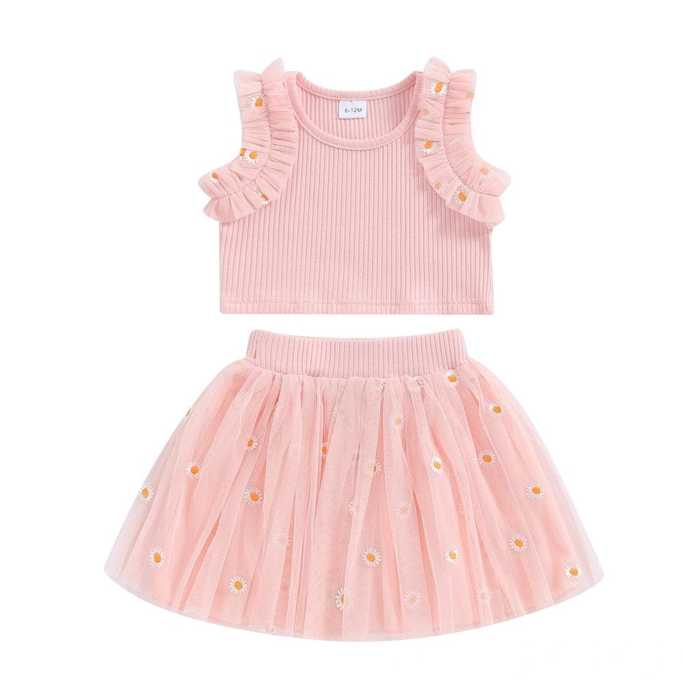 Little Girl Set, Daisy Embroidery Sleeveless Ribbed Tops Mesh Skirt 