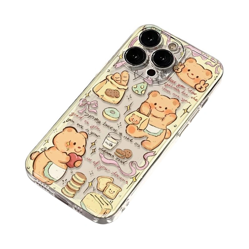 Phone Case Bear Print Transparent Phone Cover for iPhone 11-15 Series