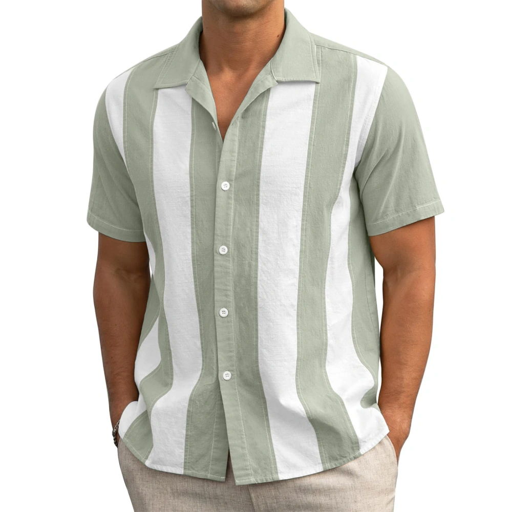 Men Retro Shirts Stripe Button-Down Short Sleeve Tops Clothes