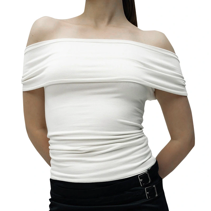 Women's Off Shoulder Tops Short Sleeve Solid Color Slim Fit T-Shirts