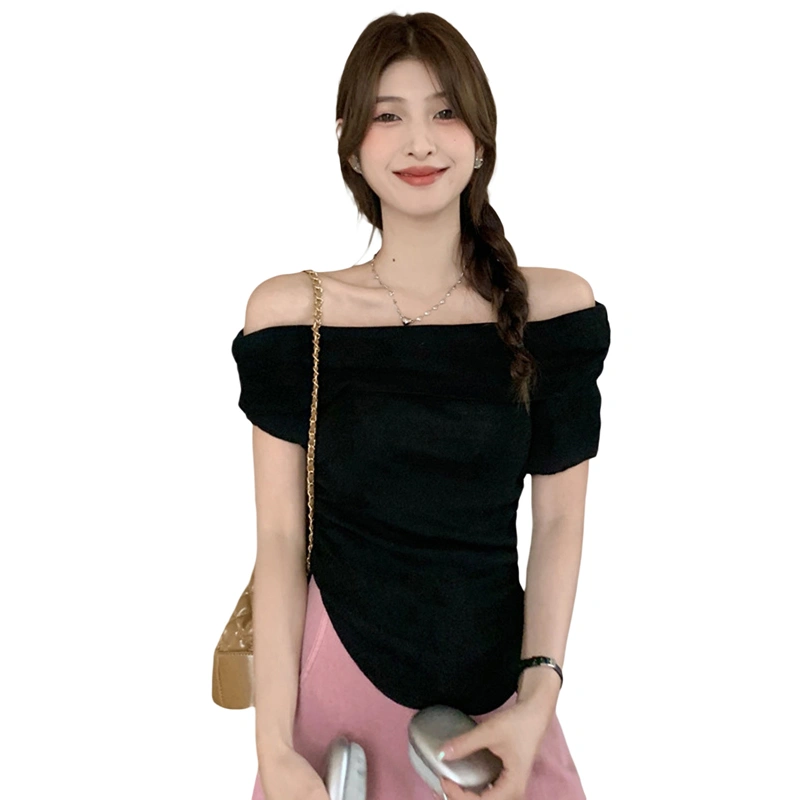 Women's Off Shoulder Knit Tops Short Sleeve Solid Color T-Shirts