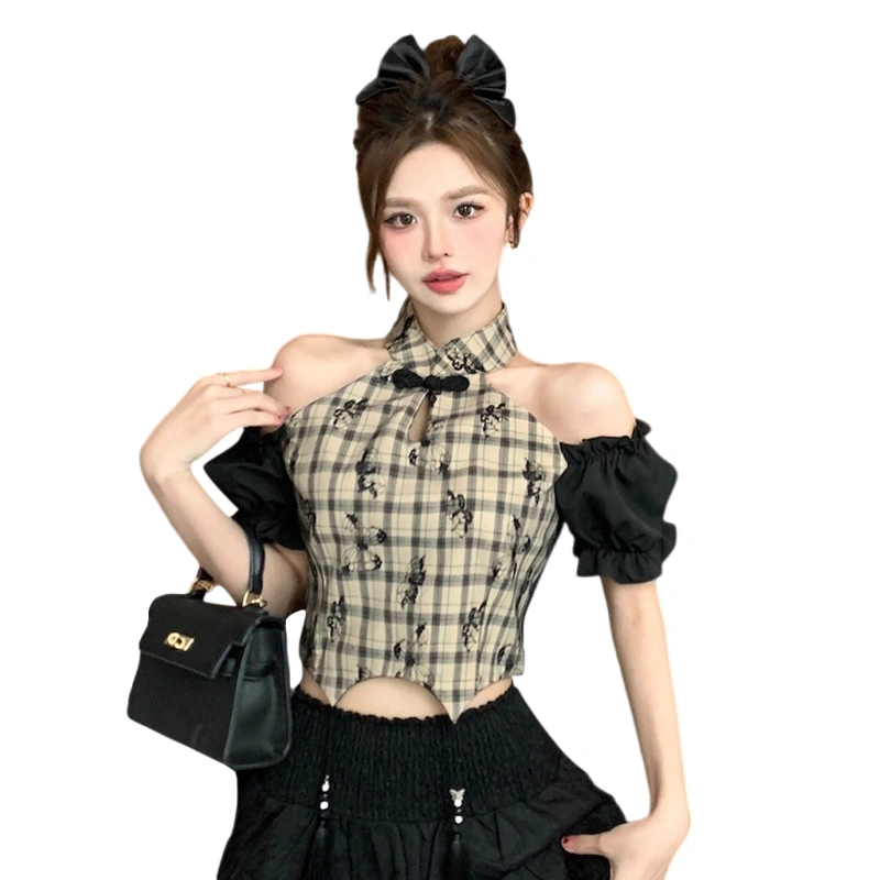 Women T-shirt, Cold Shoulder Plaid Butterfly Print Tasseled Crop Top