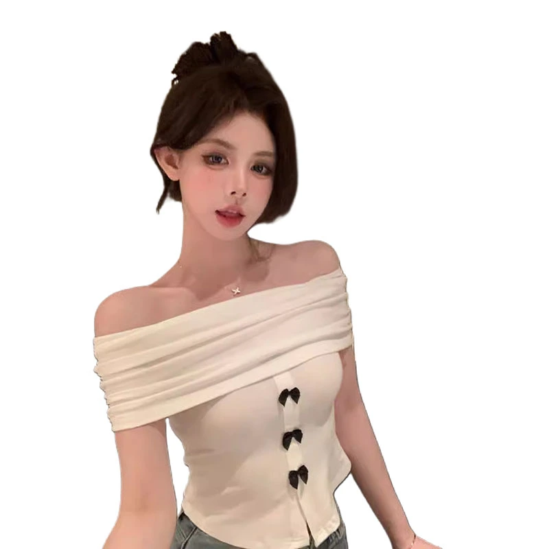 Women Crop Tops Slim Ruched Bow Off Shoulder Short Sleeve Split Shirt 