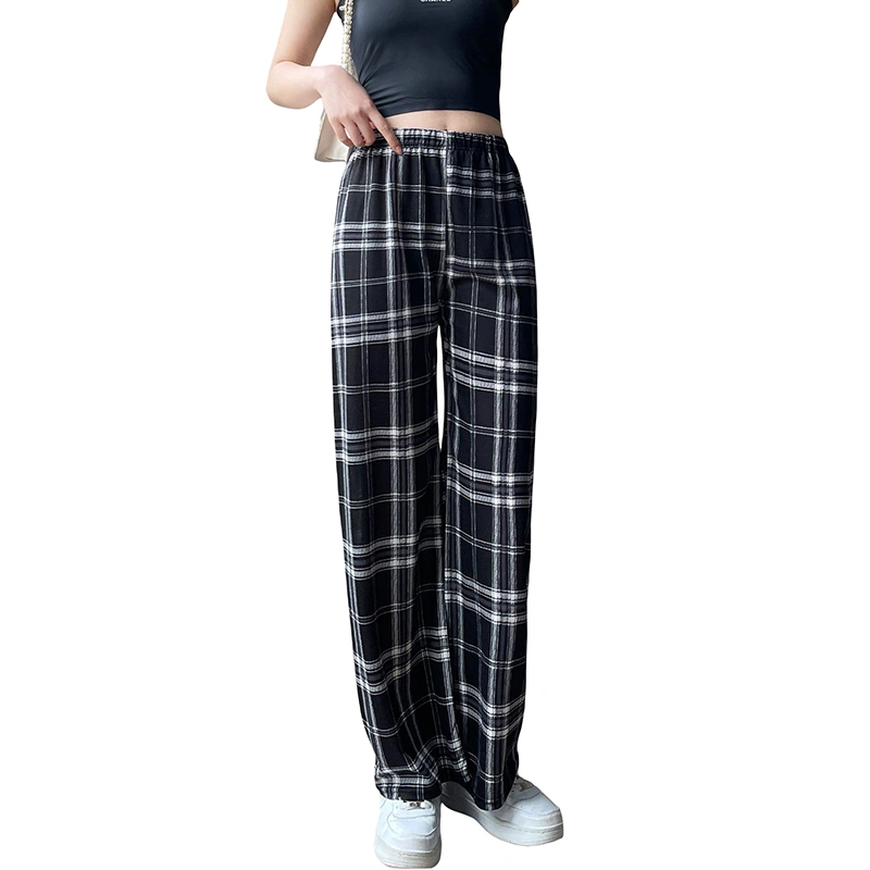 Women's Casual Wide Leg Pants Elastic High Waist Plaid Print Pants