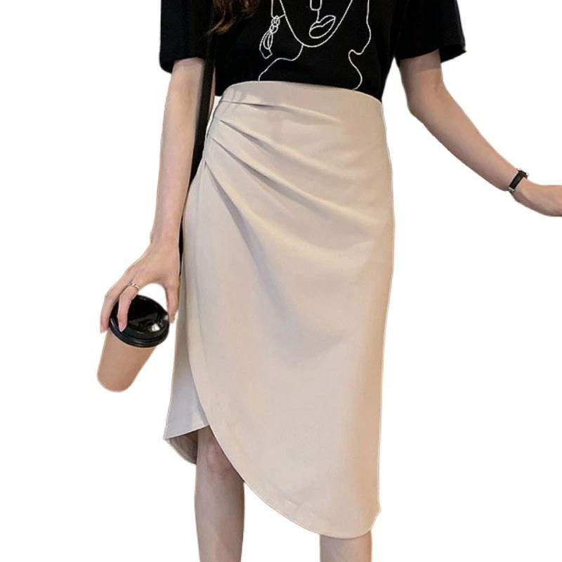 Women's Summer Pencil Skirt Solid Color Irregular Ruched Midi Skirt